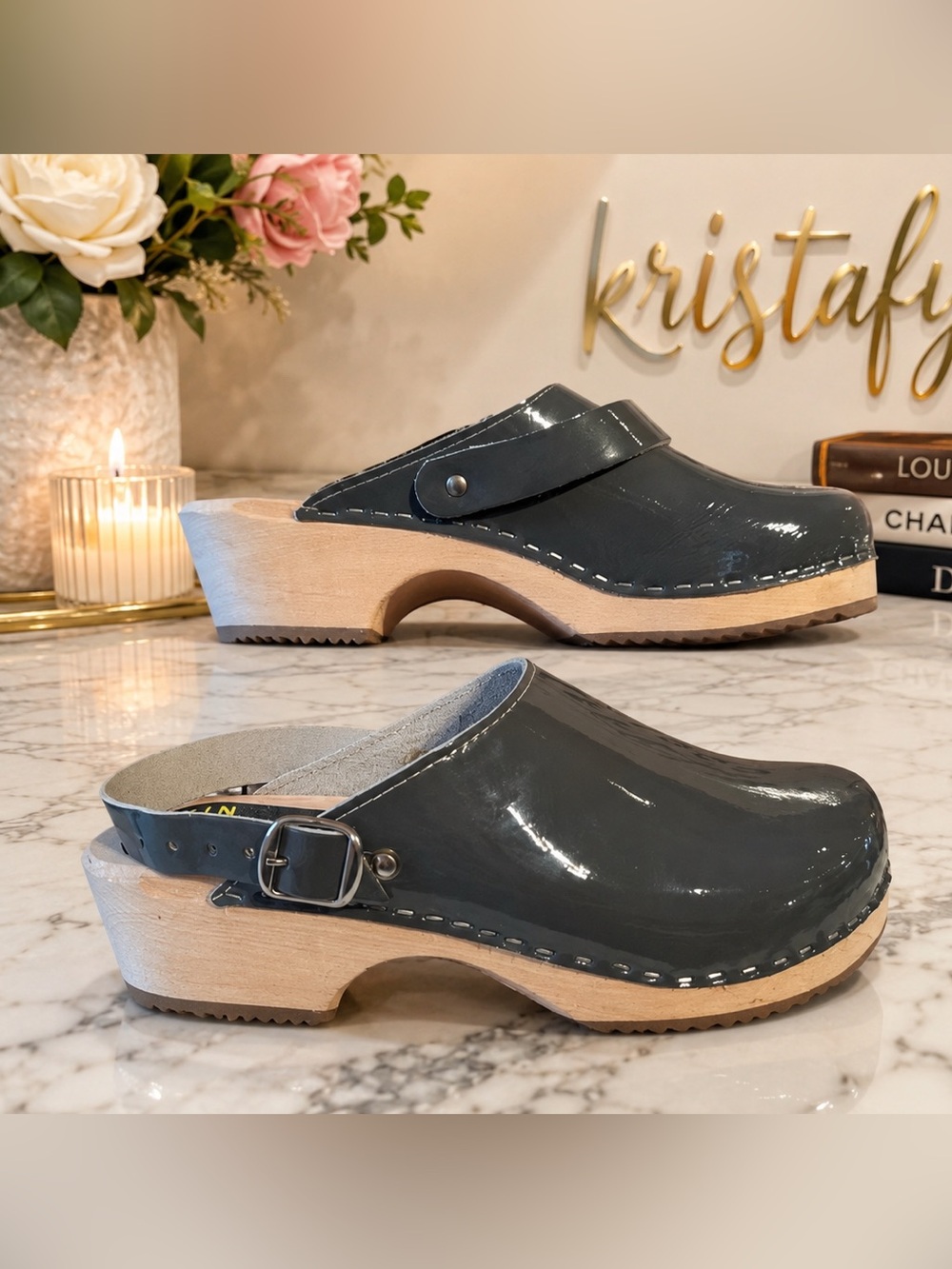 Torpatoffeln Swedish Wooden Clogs Gray Patent Leather NWT EU 39